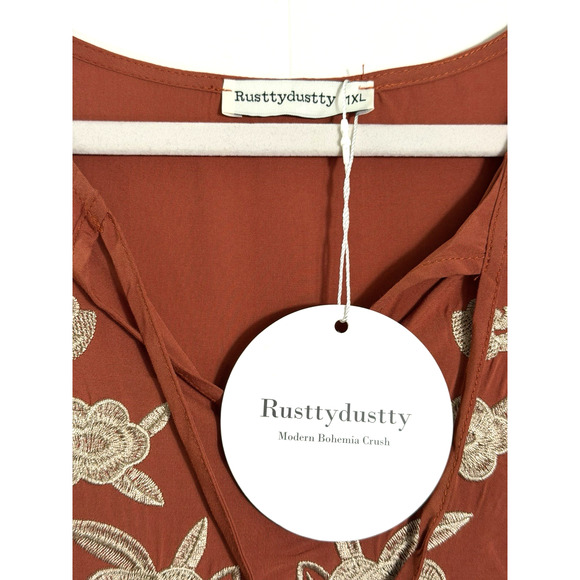 RusttyDustty Embroidered Boho Babydoll Dress Size 1X Burnt Orange Cottage New - Picture 9 of 12